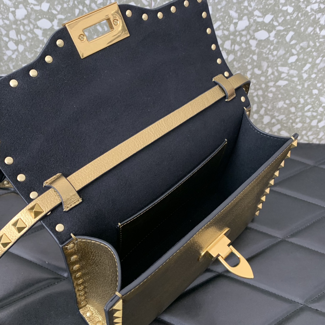 Valentino Garavani Rockstud Crossbody Bag in Gold Grainy Calfskin